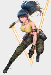 Rule 34 | 1girl, absurdres, bare shoulders, belt, blue eyes, blue hair, boots, breasts, camouflage, camouflage pants, cleavage, collarbone, dog tags, earrings, gloves, green pants, highres, hua-j, jewelry, large breasts, leona heidern, long hair, looking at viewer, pants, ponytail, solo, tank top, the king of fighters, the king of fighters xiv, the king of fighters xv, yellow tank top