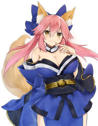 Rule 34 | 10s, 1girl, :3, absurdres, animal ears, blue bow, blue kimono, bow, breasts, cleavage, closed mouth, detached collar, detached sleeves, fate/extra, fate (series), fox ears, fox tail, hair between eyes, hair bow, hand up, highres, japanese clothes, kimono, large bow, large breasts, light smile, long hair, looking at viewer, mitsumori (an mrz), obi, pelvic curtain, pink hair, sash, simple background, solo, tail, tamamo (fate), tamamo no mae (fate/extra), tsurime, twintails, white background, yellow eyes
