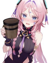 1girl @_@ absurdres artist_request as4_s2 bare_shoulders blue_eyes blush braid breasts citlali_(genshin_impact) cup facial_mark floating_hair_ornament forehead_mark genshin_impact glove_cutout hair_ornament highres holding holding_cup leotard long_hair looking_at_viewer nose_blush pink_hair ring_hair_ornament saliva sleeveless_leotard solo triangle triangle_facial_mark twin_braids