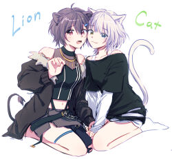 Rule 34 | 2girls, animal ears, bang dream!, bang dream! it&#039;s mygo!!!!!, black jacket, black shirt, blue eyes, cat ears, cat girl, cat tail, commentary, cosplay, english text, fang, full body, grey hair, grey skirt, heterochromia, highres, hololive, jacha gam, jacket, kaname raana, kemonomimi mode, layered sleeves, lion ears, lion girl, lion tail, long sleeves, medium hair, multiple girls, off shoulder, open clothes, open jacket, open mouth, red eyes, seiza, shirt, shishiro botan, shishiro botan (cosplay), short hair, short over long sleeves, short sleeves, simple background, sitting, skirt, sleeveless, sleeveless shirt, socks, symbol-only commentary, tail, takamatsu tomori, thigh strap, virtual youtuber, white background, white hair, white socks, yellow eyes