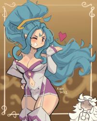 Rule 34 | 1girl, 2022, 2girls, amazon pandora, armored leotard, bare shoulders, blue hair, breasts, brown background, cleavage, clothing cutout, hand on own hip, heart, highres, inset, kap.o, kid icarus, kid icarus uprising, long hair, looking at viewer, medium breasts, multiple girls, navel, navel cutout, nintendo, one eye closed, palutena, pandora (kid icarus), purple eyes, red eyes, signature, solo, surprised, thick thighs, thighs, wide hips, wink