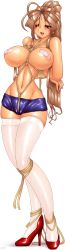 Rule 34 | 1girl, aa megami-sama, absurdres, arms behind back, bdsm, belldandy, blush, bondage, bound, breasts, cleft of venus, crotch rope, facial mark, female focus, forehead mark, high heels, highres, huge breasts, mashitaka, nude, one eye closed, pasties, red footwear, shibari, short shorts, shorts, simple background, solo, standing, thighhighs, white background, white thighhighs, wink, zettai ryouiki