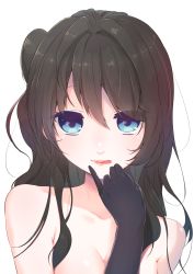 Rule 34 | 1girl, absurdres, black gloves, black hair, blue eyes, breasts, cleavage, finger to mouth, gloves, highres, licking lips, long hair, looking at viewer, mayuri kaichou, nude, pale skin, simple background, smile, solo, tamasaka makoto, tokyo 7th sisters, tongue, tongue out, white background