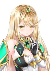 Rule 34 | 1girl, bare shoulders, blonde hair, breasts, chest jewel, cleavage, cleavage cutout, clothing cutout, dress, earrings, elbow gloves, gloves, headpiece, highres, jewelry, large breasts, long hair, mythra (xenoblade), nanase nao, short dress, solo, swept bangs, tiara, very long hair, white dress, white gloves, xenoblade chronicles (series), xenoblade chronicles 2, yellow eyes
