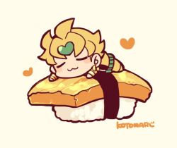 Rule 34 | 1boy, :3, blonde hair, blush stickers, chibi, chibi only, closed eyes, closed mouth, dio brando, earrings, food, full body, heart, jewelry, jojo no kimyou na bouken, kotorai, lying, makizushi, male focus, mini person, miniboy, no nose, on stomach, signature, simple background, solo, sushi, white background