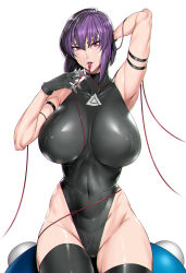 Rule 34 | 1girl, arm strap, arms behind head, arms up, black gloves, black leotard, black thighhighs, breasts, cable, covered navel, fei (maidoll), ghost in the shell, gloves, highleg, highleg leotard, highres, huge breasts, kusanagi motoko, leotard, lipstick, looking at viewer, makeup, mouth hold, navel, open mouth, purple hair, red eyes, short hair, simple background, skin tight, solo, thighhighs, white background