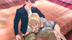 Rule 34 | 1boy, 1girl, blonde hair, blush, breasts, brown eyes, censored, cleavage, clothes pull, cum, cum in mouth, cum in nose, ejaculation, fellatio, from above, hand on another&#039;s head, hetero, highres, indoors, jacket, legs, long sleeves, mosaic censoring, nymphomatic city, on bed, open mouth, oral, orgasm, original, pants, pants pull, penis, short hair, short shorts, shorts, sitting, thighs, touji (tj studio)