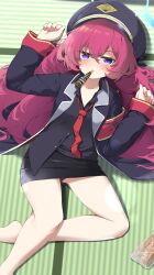 Rule 34 | 1girl, absurdres, armband, barefoot, black jacket, black shirt, black skirt, blue archive, blush, breasts, foot out of frame, highres, iroha (blue archive), jacket, leglus, legs, long hair, looking at viewer, necktie, panties, purple eyes, red armband, red hair, red necktie, red panties, school uniform, shirt, skirt, small breasts, thighs, underwear