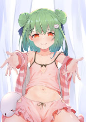 Rule 34 | 1girl, absurdres, bare shoulders, blush, bow, camisole, collarbone, double bun, ghost, green hair, hair bun, hair ornament, hair ribbon, hairpin, highres, hololive, looking at viewer, midriff, navel, necromancer, off shoulder, outstretched arms, red eyes, ribbon, short hair, sidelocks, smile, striped, uruha rushia, virtual youtuber, yakurope-moko