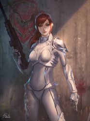 Rule 34 | 1girl, armor, artist name, assault rifle, blush, bodysuit, breastplate, crevice, gauntlets, ghost, ghost (starcraft), glowing, green eyes, gun, headgear, headphones, highres, holding, holding weapon, light smile, lips, long hair, looking at viewer, md5 mismatch, moss, plant, ponytail, raikoart, red hair, rifle, sarah kerrigan, skin tight, solo, starcraft, terran, wall, weapon