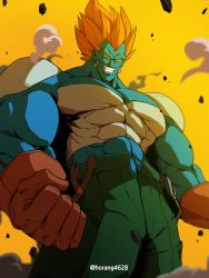 Rule 34 | 1boy, android 13, android 13 (fused), blue skin, brown gloves, colored skin, dragon ball, dragonball z, gloves, green pants, highres, horang4628, korean commentary, male focus, multicolored skin, muscular, muscular male, pants, red hair, solo, topless male, yellow eyes
