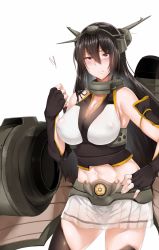 Rule 34 | 10s, 1girl, abs, bare shoulders, black hair, blush, breasts, cleavage, covered erect nipples, elbow gloves, embarrassed, female focus, fingerless gloves, frown, gloves, hairband, headgear, hews, kantai collection, large breasts, long hair, looking at viewer, miniskirt, nagato (kancolle), red eyes, simple background, skirt, solo, thighhighs, zettai ryouiki
