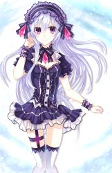 Rule 34 | 1girl, arm garter, bad id, bad pixiv id, black dress, bow, breasts, choker, dress, fairy fencer f, frilled skirt, frills, gothic lolita, hairband, hand on own ear, hand on own ear, hinano, jewelry, lolita fashion, lolita hairband, long hair, looking at viewer, puffy short sleeves, puffy sleeves, red eyes, ribbon, short sleeves, skirt, smile, solo, thigh strap, thighhighs, tiara (fairy fencer f), white hair, white thighhighs