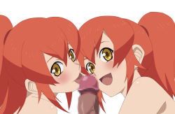 Rule 34 | 00s, 2girls, bare shoulders, censored, chastel aiheap, disembodied penis, fellatio, hisca aiheap, long hair, multiple girls, open mouth, oral, orange hair, penis, ponytail, tales of (series), tales of vesperia, tales of vesperia: the first strike, tongue, yellow eyes