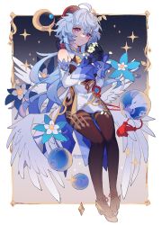Rule 34 | 1girl, bare shoulders, bell, black bodysuit, blue hair, bodysuit, border, breasts, commentary, cowbell, crescent moon, detached sleeves, emmikn, feathered wings, flower, flower knot, full body, ganyu (genshin impact), genshin impact, goat horns, gradient background, highres, holding, holding flower, horns, light blue hair, long hair, looking at viewer, medium breasts, moon, pink eyes, purple background, qingxin flower, smile, solo, sparkle, symbol-only commentary, tassel, twitter username, very long hair, white flower, white sleeves, white wings, wings, yellow background