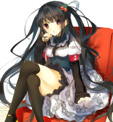 Rule 34 | 1girl, :o, black hair, black thighhighs, blush, cherry, couch, crossed legs, food, fruit, hair ornament, io enishi, lace, lace-trimmed skirt, lace trim, long hair, looking at viewer, original, red eyes, simple background, sitting, skirt, solo, thighhighs, very long hair, white background