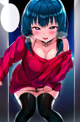 Rule 34 | 1girl, aran sweater, arm support, bent over, black choker, black panties, blank speech bubble, blue hair, blush, breasts, cable knit, choker, cleavage, clothing cutout, half-closed eyes, highres, large breasts, long hair, looking at viewer, love live!, love live! sunshine!!, open mouth, panties, panty pull, purple eyes, red sweater, ribbed sweater, short twintails, shoulder cutout, solo, speech bubble, sweat, sweater, tem10, thighhighs, tsushima yoshiko, twintails, underwear