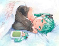 Rule 34 | 1girl, aqua eyes, aqua hair, bed, black sweater, commentary, drooling, dual persona, futon, hair ornament, hair ribbon, hatsune miku, long hair, looking at viewer, lying, mayo riyo, mini person, minigirl, mouth drool, on bed, on side, own hands together, pov across bed, ribbed sweater, ribbon, sideways glance, sleeping, sleeveless, sleeveless sweater, smile, solo, sweater, twintails, under covers, very long hair, vocaloid