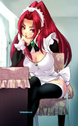 Rule 34 | 1girl, black thighhighs, breasts, character request, cleavage, copyright request, hair intakes, indoors, large breasts, long hair, maid, maid headdress, mole, open mouth, pink eyes, red hair, sitting, solo, teruchan, thighhighs, zettai ryouiki