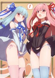 Rule 34 | !, 2girls, :d, :|, accidental exposure, autumn leaves, bare shoulders, blue bow, blue hair, blue panties, blue ribbon, blue thighhighs, blunt bangs, blush, border, bow, breasts, brown dress, brown sleeves, checkered bow, checkered clothes, clenched hand, closed mouth, clothes lift, collared dress, commentary request, cowboy shot, detached sleeves, dress, dress lift, dress tug, flower knot, furrowed brow, green border, groin, hair bow, hair ribbon, hair tie, highres, kotonoha akane, kotonoha aoi, leaf, light blue hair, long hair, long sleeves, looking at viewer, low-tied sidelocks, medium breasts, multiple girls, open mouth, orange background, outline, panties, pantyshot, pink hair, pink panties, pink thighhighs, red eyes, red ribbon, ribbon, ruttse, shared speech bubble, shy, siblings, side-tie panties, sidelocks, sisters, smile, speech bubble, split mouth, spoken exclamation mark, surprised, sweatdrop, thighhighs, underwear, upskirt, voiceroid, white dress, white outline, wind, wind lift