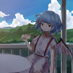 Rule 34 | 1girl, blue hair, blue sky, cloud, commentary request, cup, day, flat chest, holding, holding cup, on chair, open mouth, pants, red eyes, remilia scarlet, retrochaossan, shirt, short hair, short sleeves, sitting, sky, solo, suspenders, sweatdrop, table, teacup, touhou, white pants, white shirt, wings