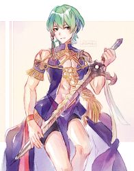 Rule 34 | 1boy, abs, braid, byleth (fire emblem), byleth (male) (fire emblem), cleavage cutout, clothing cutout, cosplay, crossdressing, dress, fire emblem, fire emblem: three houses, green eyes, green hair, hair ornament, hair ribbon, holding, holding weapon, male focus, nintendo, painting (medium), ribbon, ribbon braid, side braid, simple background, solo, sothis (fire emblem), sothis (fire emblem) (cosplay), sword, traditional media, twitter username, watercolor (medium), weapon, xin (24914)
