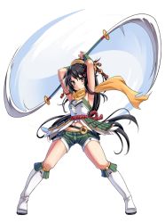 Rule 34 | 1girl, armor, armpits, black hair, boots, breastplate, coin hair ornament, from below, full body, green shorts, hair ornament, hairpin, high heel boots, high heels, holding, holding polearm, holding spear, holding weapon, iwabitsu (oshiro project), kekemotsu, long hair, midriff, navel, official art, orange scarf, oshiro project:re, oshiro project:re, polearm, ponytail, purple eyes, scarf, short shorts, shorts, sleeveless, solo, spear, spinning, transparent background, very long hair, weapon, white footwear, white legwear