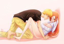 Rule 34 | 1boy, 1girl, 57 (lme piggy117), all fours, bleach, blush, breasts, cleavage, covered erect nipples, huge breasts, inoue orihime, kurosaki ichigo, leaning back, long hair, open-chest sweater, orange hair, ribbed sweater, short hair, sitting, sweater, thighs