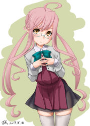 Rule 34 | 1girl, ahoge, aqua-framed eyewear, blazer, braid, commentary request, cowboy shot, double bun, french braid, glasses, green neckwear, grey thighhighs, hair bun, halterneck, highres, jacket, kantai collection, long hair, long sleeves, makigumo (kancolle), pink hair, school uniform, solo, standing, t2r, thighhighs, twintails, two-tone background, yellow eyes