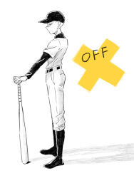 Rule 34 | 1boy, baseball bat, baseball cap, baseball uniform, belt, boots, closed eyes, closed mouth, from side, full body, hat, holding, holding baseball bat, long sleeves, male focus, off (game), shifumame, solo, sportswear, standing, the batter (off), white background