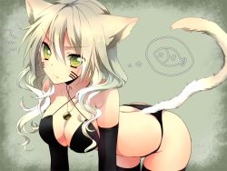 Rule 34 | 1girl, all fours, animal ears, bare shoulders, bell, bikini, black bikini, black thighhighs, blonde hair, breasts, cat ears, cat tail, cleavage, criss-cross halter, elbow gloves, facial mark, fang, fang out, gloves, green eyes, halterneck, jingle bell, original, ponjiritsu, solo, swimsuit, tail, thighhighs, thought bubble