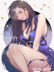 Rule 34 | 1girl, bare shoulders, black hair, blue dress, breasts, brown hair, cleavage, dated, dress, earrings, final fantasy, final fantasy vii, final fantasy vii remake, happy birthday, highres, jewelry, large breasts, lips, long hair, looking at viewer, mugikoma, open mouth, red eyes, sitting, sleeveless, sleeveless dress, smile, solo, tifa lockhart, tifa lockhart (refined dress), twitter username, wall market