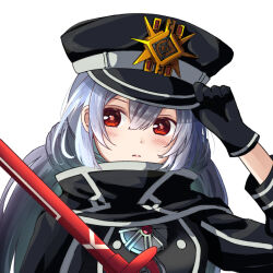 Rule 34 | 1girl, amagami (makise tsubaki), black scarf, blush, duel monster, gloves, grey hair, hair between eyes, hat, holding, long hair, long sleeves, peaked cap, red eyes, scarf, sky striker ace - roze, solo, sword, twintails, upper body, weapon, white background, yu-gi-oh!