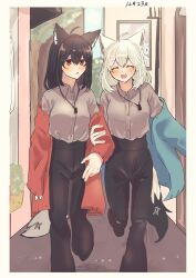 Rule 34 | 2girls, ahoge, animal ear fluff, animal ears, black hair, black pants, blush, border, braid, closed eyes, commentary request, dated, fox ears, fox girl, fox tail, green jacket, grey shirt, highres, holding another&#039;s arm, hololive, horomiya, jacket, kurokami fubuki, long hair, looking at another, looking at viewer, multiple girls, open clothes, open jacket, open mouth, outdoors, pants, pentagram, red eyes, red jacket, shirakami fubuki, shirt, sidelocks, single braid, sukonbu (shirakami fubuki), tail, virtual youtuber, white hair