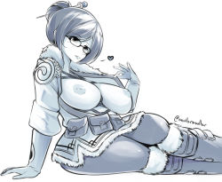 Rule 34 | 1girl, beads, belt pouch, blue theme, boots, breast bondage, breasts, breasts out, coat, fur trim, glasses, gloves, hair bun, hair ornament, hair stick, hairpin, heart, inverted nipples, knee boots, large breasts, lying, maullarmaullar, mei (overwatch), monochrome, nipples, on side, overwatch, overwatch 1, pouch, puffy nipples, rope, shibari, shibari under clothes, short hair, single hair bun, sketch, smile, solo