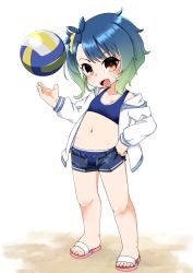 Rule 34 | 1girl, ball, beach volleyball, bikini, bikini under clothes, black shorts, blue bikini, brown eyes, commentary request, denim, denim shorts, fangs, fukae (kancolle), full body, gradient hair, jacket, kantai collection, looking at viewer, midriff, multicolored hair, nassukun, navel, open clothes, open fly, open jacket, sandals, sandsals, short hair, shorts, side ponytail, sidelocks, simple background, solo, sports bikini, swimsuit, swimsuit under clothes, volleyball, volleyball (object), white background, white jacket