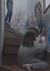 Rule 34 | 1girl, 1other, barefoot, brown hair, building, child, crayon, denim, drawing, fingernails, highres, holding, holding crayon, indoors, jeans, long hair, magan0301, no shoes, original, pants, purple eyes, sitting, socks, stairs, standing, window