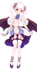 Rule 34 | 1girl, bat wings, betoko, blush, breasts, cleft of venus, demon girl, demon tail, dress, full body, garter straps, harigane shinshi, highres, horns, long hair, nipples, no panties, original, pointy ears, red eyes, see-through, simple background, small breasts, smile, solo, standing, demon girl, tail, thighhighs, twintails, uncensored, wings, wrist cuffs