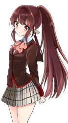Rule 34 | 1girl, bad id, bad pixiv id, brown hair, domaro yui, highres, little busters!, long hair, natsume rin, ponytail, red eyes, school uniform, solo, standing