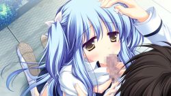 Rule 34 | 1girl, aoto mikamo, blue hair, breasts, censored, fellatio, game cg, hand on another&#039;s head, kneeling, matsushita makako, mosaic censoring, nipples, oral, penis, small breasts, solo focus, strawberry nauts