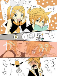 Rule 34 | 1boy, 1girl, biting, blonde hair, blue eyes, blush, brother and sister, comic, ear biting, kagamine len, kagamine rin, setora, siblings, translation request, twins, vocaloid