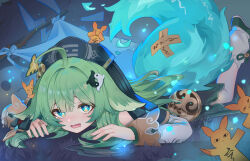 Rule 34 | 1girl, absurdres, ahoge, ai dongdong, animal ears, black headwear, blue eyes, clothing cutout, commentary request, crying, crying with eyes open, fiery tail, flag, floppy ears, fox ears, full body, green footwear, green hair, highres, honkai: star rail, honkai (series), huohuo (honkai: star rail), long hair, long sleeves, looking at viewer, lying, on ground, on stomach, open mouth, paper doll, paw-shaped pupils, shirt, shoes, shoulder cutout, solo, symbol-shaped pupils, tail, tears, wavy mouth, white flag, white leg warmers, white shirt, yin yang hair ornament