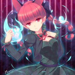 Rule 34 | 1girl, animal ears, artist name, black bow, blunt bangs, bow, braid, breasts, cat ears, cleavage, dress, extra ears, eyebrows, green dress, hair bow, hand on own chest, juliet sleeves, kaenbyou rin, long hair, long sleeves, maron (1212ama), parted lips, pointy ears, puffy sleeves, red eyes, red hair, sky, solo, star (sky), starry sky, touhou, twin braids