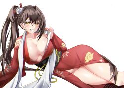 1girl absurdres azur_lane black_sash breasts brown_hair center_opening cleavage collarbone feet_out_of_frame flower hair_flower hair_ornament highres ishida_katsuzane large_breasts long_hair long_sleeves sash simple_background smile solo very_long_hair white_background white_flower yellow_eyes zuikaku_(azur_lane)