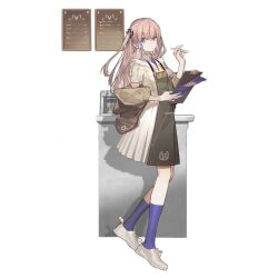 Rule 34 | 1girl, apron, blue eyes, blue necktie, blue socks, brown jacket, clipboard, closed mouth, coffee maker, coffee mug, cup, expressionless, full body, girls&#039; frontline, green apron, hair ornament, highres, holding, holding clipboard, holding menu, holding pen, jacket, kneehighs, light brown hair, long hair, long skirt, looking at viewer, menu, menu board, mug, multicolored hair, necktie, off shoulder, official alternate costume, official art, one side up, pen, plaid, plaid shirt, shirt, shoes, short necktie, short sleeves, simple background, skirt, socks, solo, st ar-15 (girls&#039; frontline), st ar-15 (owl latte) (girls&#039; frontline), standing, streaked hair, third-party source, transparent background, umo (mica team), waitress, white footwear, white shirt, white skirt