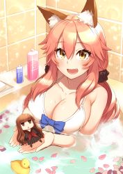 Rule 34 | 10s, 2girls, :d, animal ears, bathing, bathroom, bathtub, bikini, black serafuku, black socks, blue bow, blush, bow, bow bikini, breasts, brown eyes, brown hair, character doll, collarbone, eyebrows, fang, fate/extra, fate/extra ccc, fate/grand order, fate (series), fox ears, fox tail, hair between eyes, hair ornament, hair scrunchie, highres, holding, indoors, jitome, kishinami hakuno (female), kneehighs, large breasts, long hair, long sleeves, looking at viewer, multiple girls, official alternate costume, open mouth, oyaji-sou, partially submerged, petals, pink hair, rose petals, rubber duck, school uniform, scrunchie, serafuku, shiny skin, sleeves past wrists, smile, soap bubbles, socks, swimsuit, tail, tamamo no mae (fate/extra), tamamo no mae (sexy bikini) (fate), tile wall, tiles, toy, triangle mouth, twintails, upper body, water, water drop, white bikini, yellow eyes
