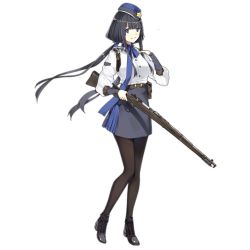 Rule 34 | 1girl, belt, belt buckle, belt pouch, black footwear, black hair, black pantyhose, blue hat, blue neckwear, boots, breasts, brown belt, buckle, full body, girls&#039; frontline, grey skirt, gun, hao (patinnko), hat, holding, holding gun, holding weapon, long hair, long sleeves, looking at viewer, medium breasts, military, military uniform, official art, pantyhose, parted lips, pouch, rifle, skirt, smile, standing, star (symbol), transparent background, type 81 carbine (girls&#039; frontline), uniform, weapon