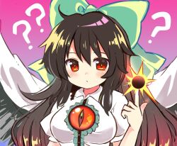 Rule 34 | 1girl, ?, black hair, black sun, black wings, blush, bow, breasts, cape, closed mouth, commentary, gradient background, green bow, hair bow, large breasts, long hair, looking at viewer, purple background, ramudia (lamyun), red eyes, reiuji utsuho, short sleeves, solo, sun, third eye, touhou, upper body, white cape, wings