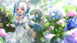 Rule 34 | 1girl, absurdres, aki kakao, animal ears, bare shoulders, blue eyes, blue hair, bow, breasts, cat ears, cat girl, cat tail, dress, flower, guild cq, heterochromia, highres, hydrangea, itou yuna, long hair, looking at viewer, medium breasts, multicolored hair, open mouth, smile, solo, tail, virtual youtuber, white dress, white hair, yellow eyes