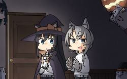 Rule 34 | 1other, 3girls, animal ears, animal hands, asashio (kancolle), asymmetrical hair, black hair, blue eyes, cape, cat ears, door, fake animal ears, flying sweatdrops, ghost, gloves, grey hair, halloween, halloween costume, hamu koutarou, hat, hayashimo (kancolle), highres, kantai collection, long hair, long sleeves, multiple girls, nowaki (kancolle), open mouth, paw gloves, rigging, shirt, sweat, tail, the yuudachi-like creature, triangular headpiece, white shirt, witch hat, wolf ears, wolf tail